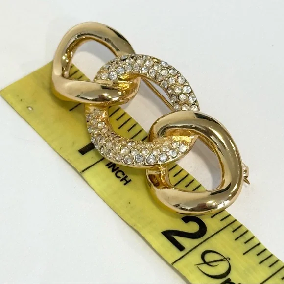 Vintage Christian Dior Triple Loop Rings Gold tone Brooch Rhinestone Pave - Picture 9 of 9
